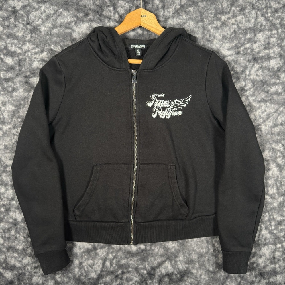 True Religion Winged Crystal Zip Hoodie Womens XL Black Cropped Sweatshirt